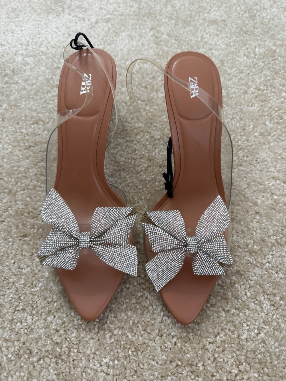 ZARA Nude Tan Clear-Strap Heels with Crystal Bow